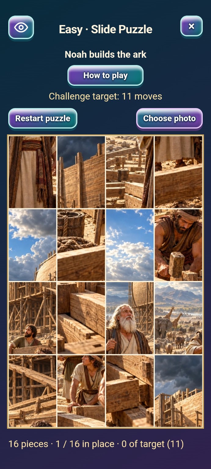 Noah builds the ark — slide puzzle in Interactive Bible Journeys
