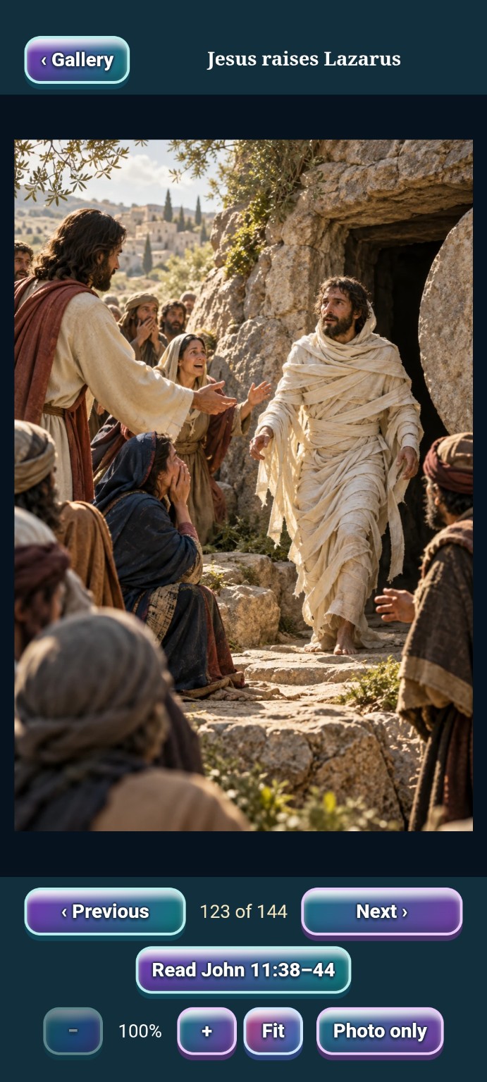 Jesus raises Lazarus in Interactive Bible Journeys