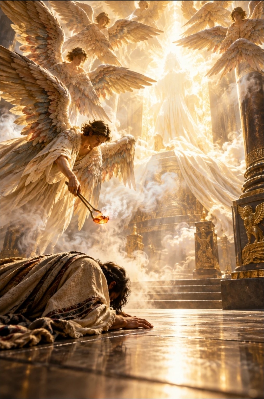 An artistic illustration of heaven, with angels surrounding a radiant throne